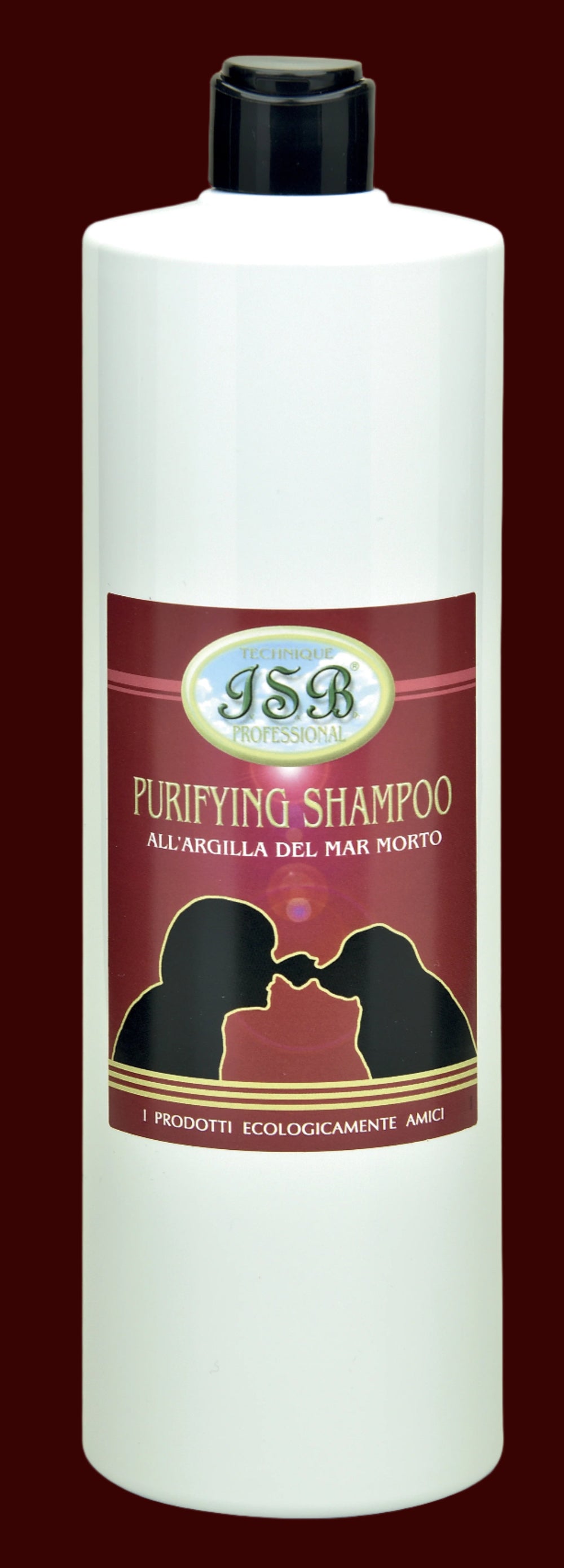 A white plastic bottle with a black cap labeled 'Purifying Shampoo' for dogs.