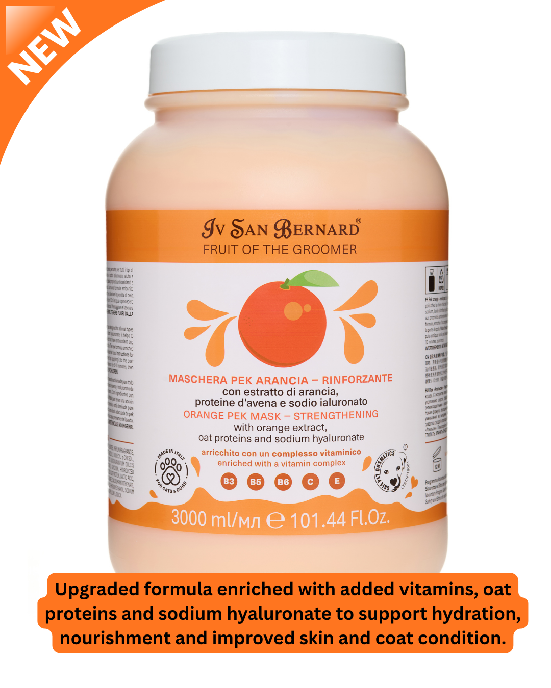 A bottle of Iv San Bernard Fruit of the Groomer orange extract supplement, featuring a white cap, orange and white label, and an orange graphic, set against a white background with a green 'NEW' banner in the top-left corner and an orange text overlay at the bottom.