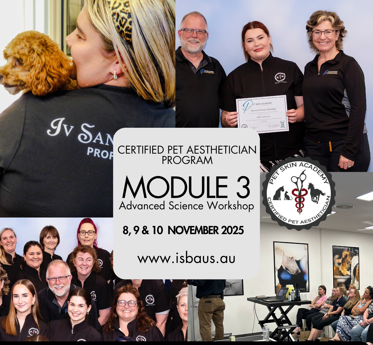 Advertisement for a Certified Pet Aesthetician Program module with people and text overlay.