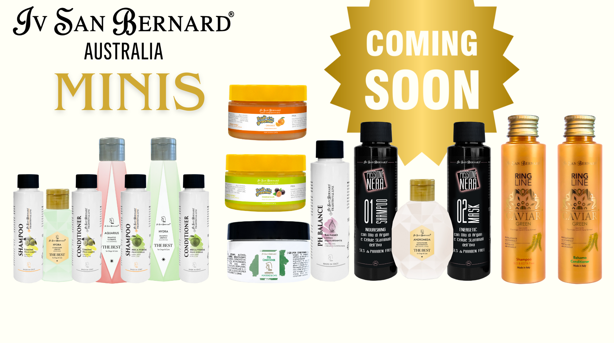 Collection of IV San Bernard Australia hair care products with 'Coming Soon' text on a white background